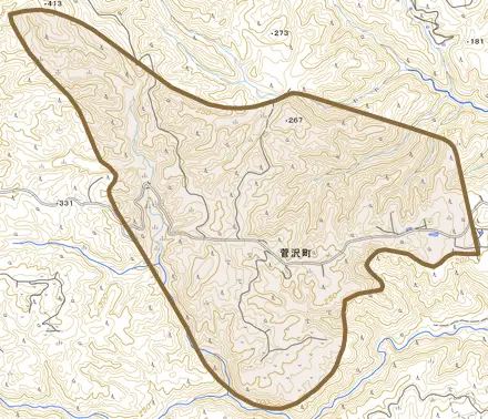 菅沢町とその周辺の地図。町の範囲を重ねている