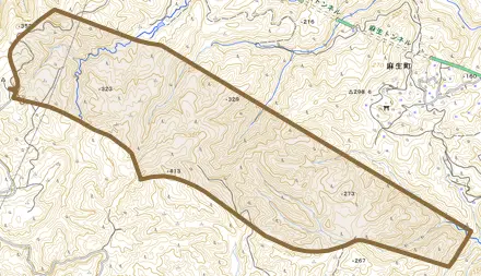 須能町とその周辺の地図。町の範囲を重ねている