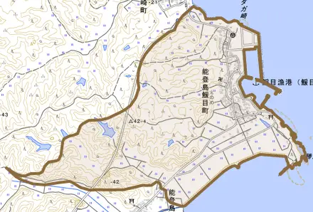 能登島鰀目町とその周辺の地図。町の範囲を重ねている