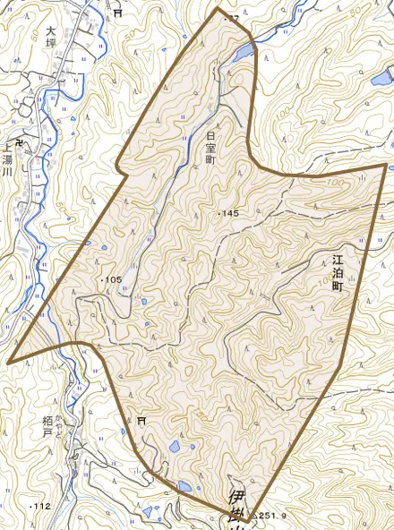 日室町とその周辺の地図。町の範囲を重ねている