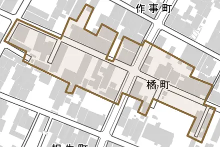 橘町とその周辺の地図。町の範囲を重ねている