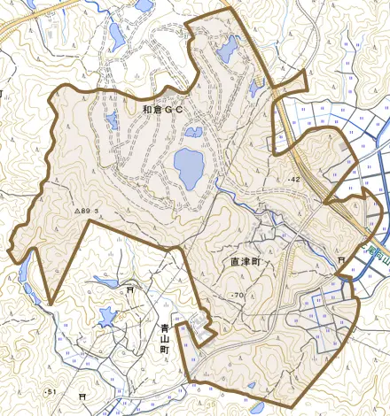 直津町とその周辺の地図。町の範囲を重ねている
