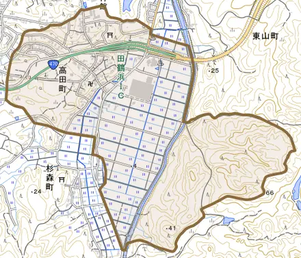 高田町とその周辺の地図。町の範囲を重ねている