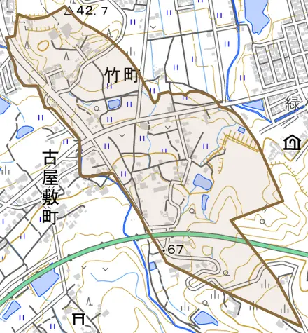 竹町とその周辺の地図。町の範囲を重ねている