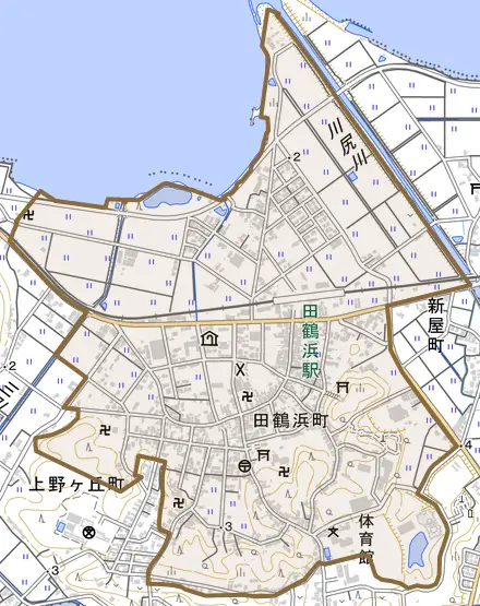 田鶴浜町とその周辺の地図。町の範囲を重ねている
