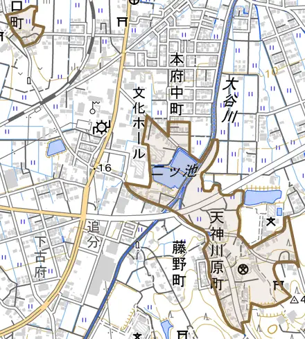 天神川原町とその周辺の地図。町の範囲を重ねている