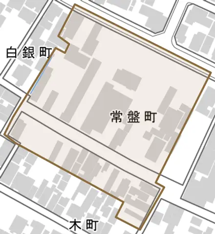 常盤町とその周辺の地図。町の範囲を重ねている