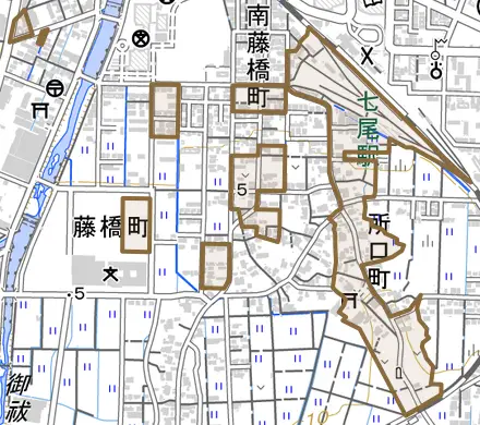 所口町とその周辺の地図。町の範囲を重ねている