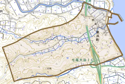 東浜町とその周辺の地図。町の範囲を重ねている