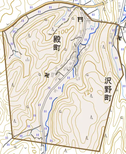 殿町とその周辺の地図。町の範囲を重ねている