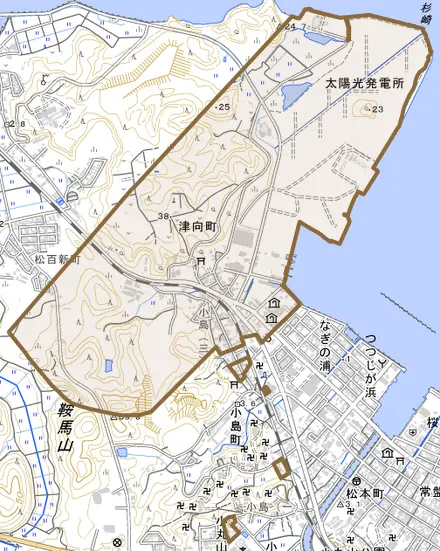 津向町とその周辺の地図。町の範囲を重ねている