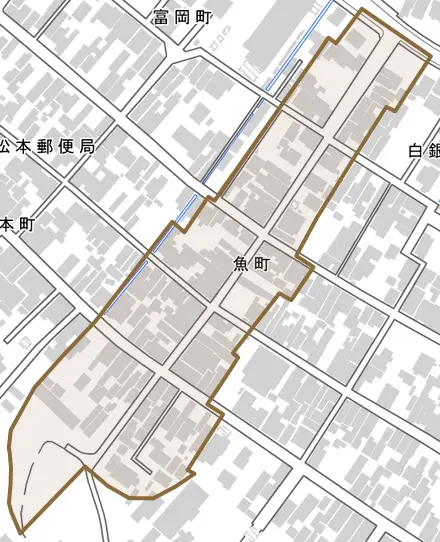 魚町とその周辺の地図。町の範囲を重ねている