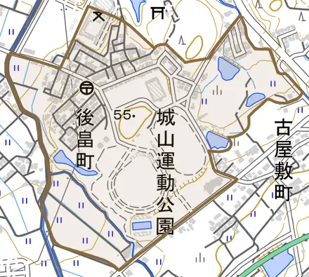 後畠町とその周辺の地図。町の範囲を重ねている