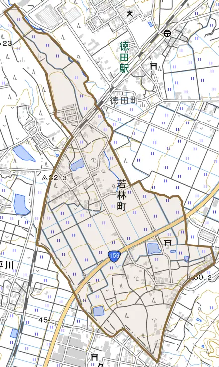 若林町とその周辺の地図。町の範囲を重ねている