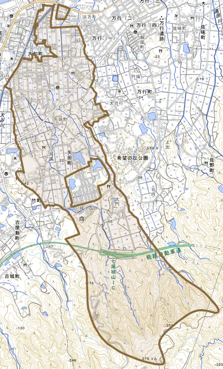 矢田町とその周辺の地図。町の範囲を重ねている