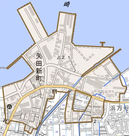 矢田新町とその周辺の地図。町の範囲を重ねている