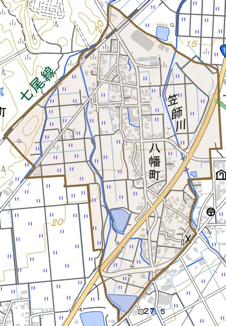 八幡町とその周辺の地図。町の範囲を重ねている