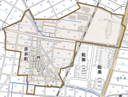 赤井町とその周辺の地図。町の範囲を重ねている