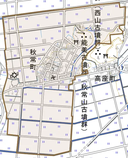 秋常町とその周辺の地図。町の範囲を重ねている