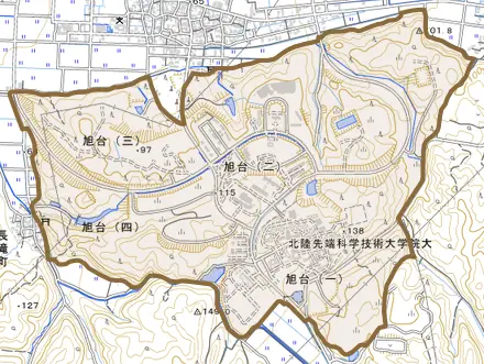 旭台とその周辺の地図。町の範囲を重ねている