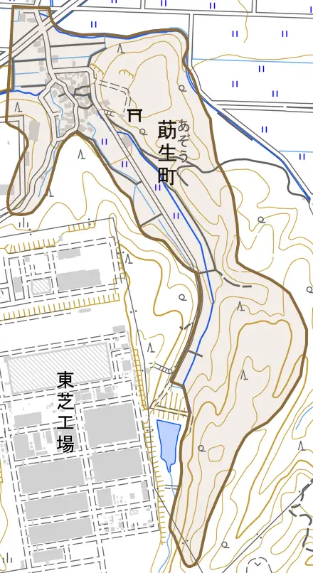 莇生町とその周辺の地図。町の範囲を重ねている
