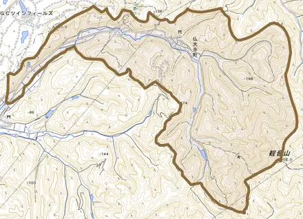 仏大寺町とその周辺の地図。町の範囲を重ねている