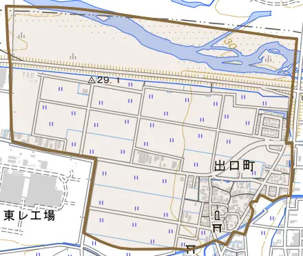 出口町とその周辺の地図。町の範囲を重ねている
