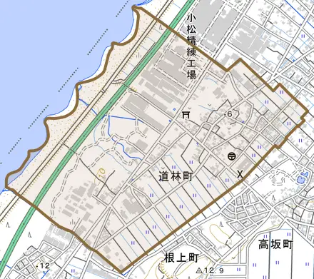 道林町とその周辺の地図。町の範囲を重ねている