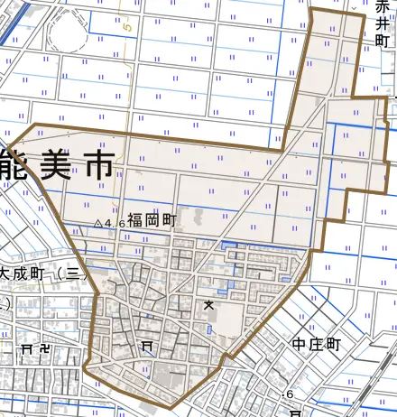 福岡町とその周辺の地図。町の範囲を重ねている