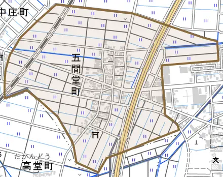 五間堂町とその周辺の地図。町の範囲を重ねている