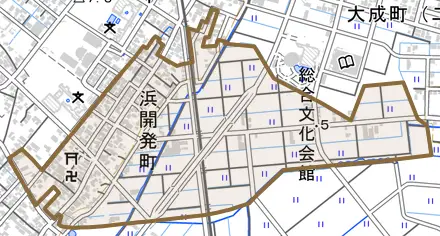 浜開発町とその周辺の地図。町の範囲を重ねている