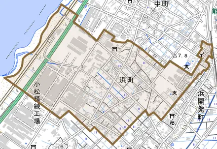 浜町とその周辺の地図。町の範囲を重ねている