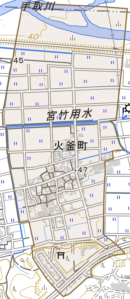 火釜町とその周辺の地図。町の範囲を重ねている