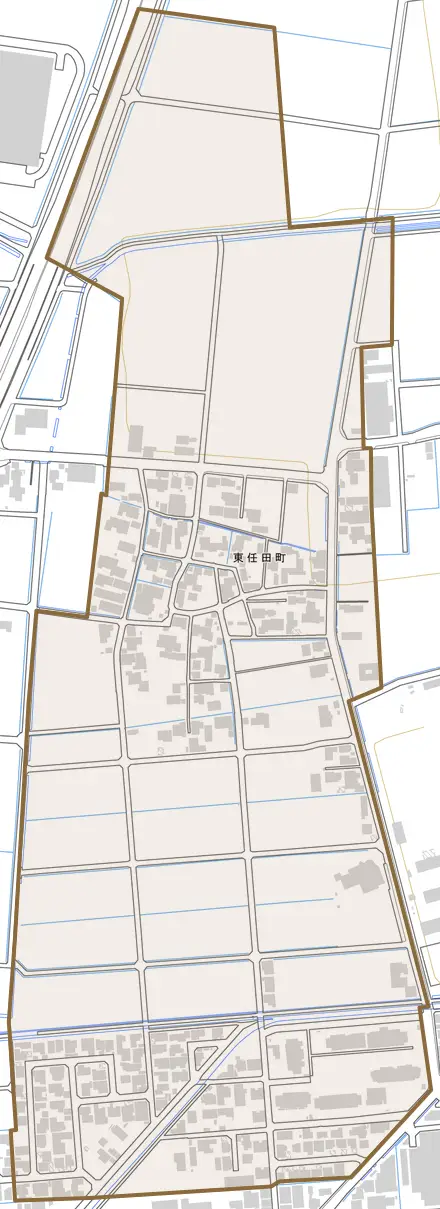 東任田町とその周辺の地図。町の範囲を重ねている