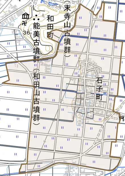 石子町とその周辺の地図。町の範囲を重ねている