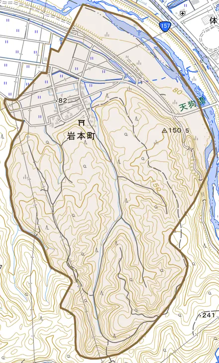 岩本町とその周辺の地図。町の範囲を重ねている