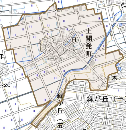 上開発町とその周辺の地図。町の範囲を重ねている