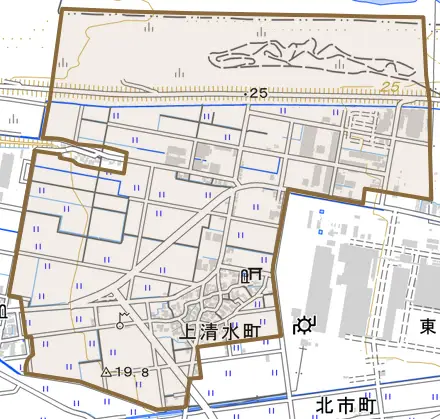 上清水町とその周辺の地図。町の範囲を重ねている