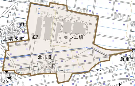 北市町とその周辺の地図。町の範囲を重ねている