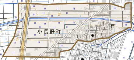 小長野町とその周辺の地図。町の範囲を重ねている