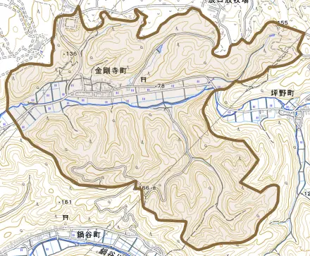 金剛寺町とその周辺の地図。町の範囲を重ねている