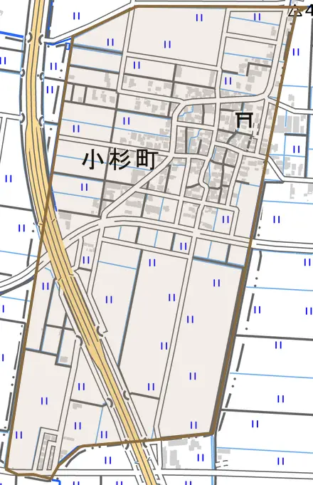 小杉町とその周辺の地図。町の範囲を重ねている