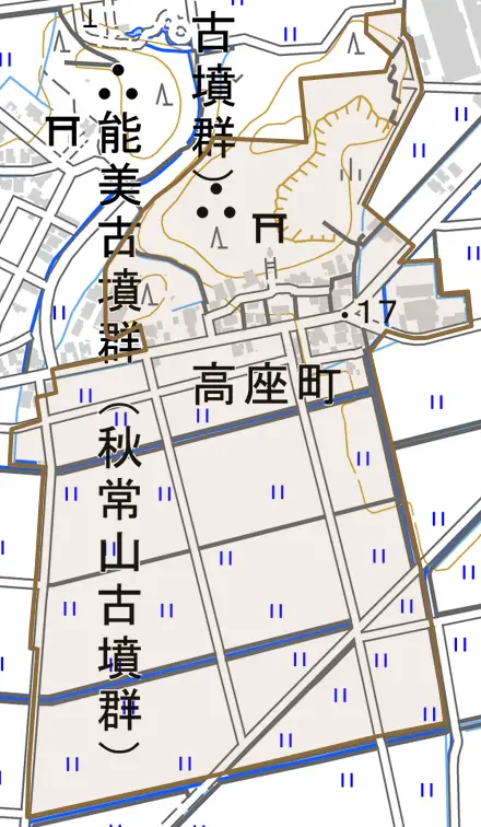 高座町とその周辺の地図。町の範囲を重ねている