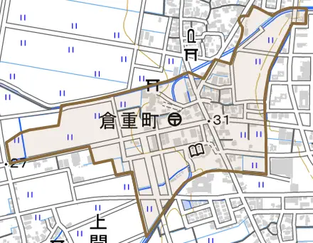 倉重町とその周辺の地図。町の範囲を重ねている