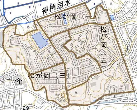 松が岡とその周辺の地図。町の範囲を重ねている