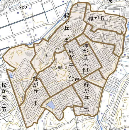 緑が丘とその周辺の地図。町の範囲を重ねている