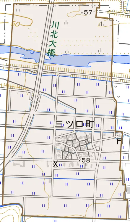 三ツ口町とその周辺の地図。町の範囲を重ねている