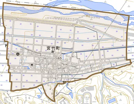 宮竹町とその周辺の地図。町の範囲を重ねている