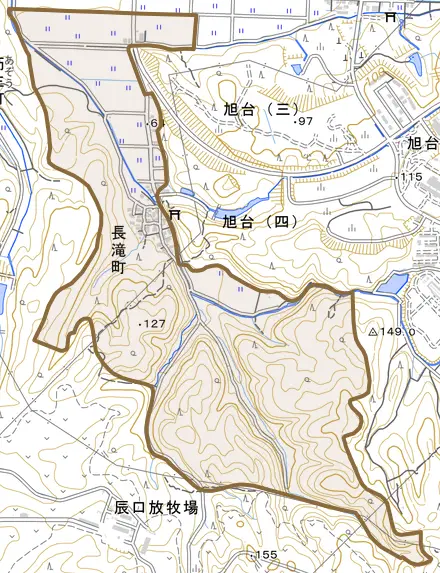 長滝町とその周辺の地図。町の範囲を重ねている