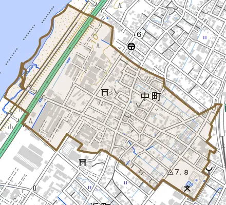 中町とその周辺の地図。町の範囲を重ねている